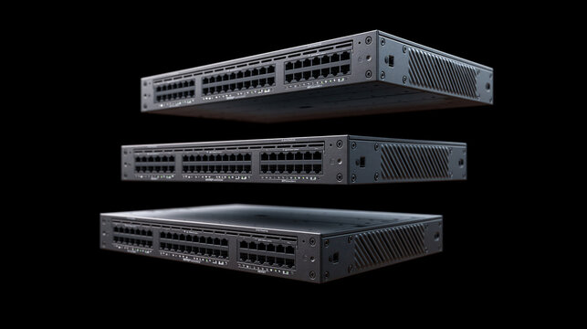Stacked network switches representing high performance data center equipment and enterprise connectivity.