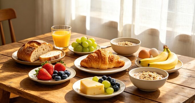 Rustic breakfast spread fresh fruits bread morning