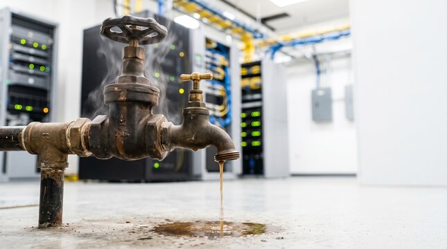 Industrial water pipe leaking dirty liquid in data center