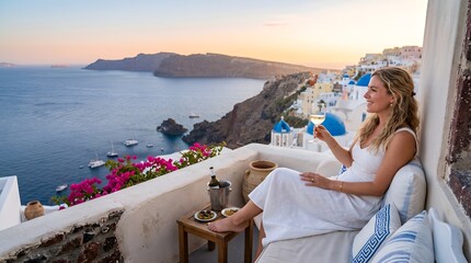 Obraz premium Smiling woman enjoys white wine at sunset on a beautiful balcony overlooking the Aegean Sea.