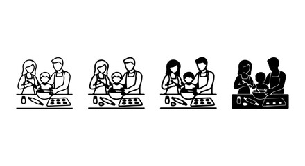 Fototapeta premium Family Baking Icons, Cooking Together Vector Set, Parents and Child Making Treats