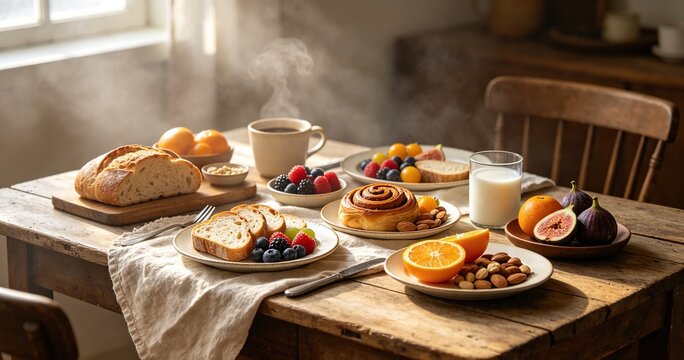 Rustic breakfast spread fresh fruits bread morning
