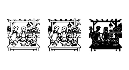 Obraz premium Family Baking Together, Rustic Kitchen Scene, Parents and Children Preparing Dough, Outdoor Oven Illustration