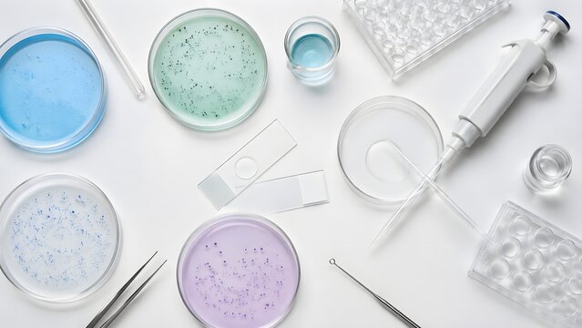 Laboratory equipment for microbiology research on white table background.