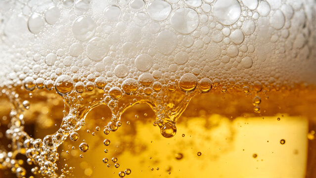 Macro abstract backdrop of golden amber beverage with detailed white carbonated bubbles froth foam and fizzy sparkles for commercial drink branding advertisements.