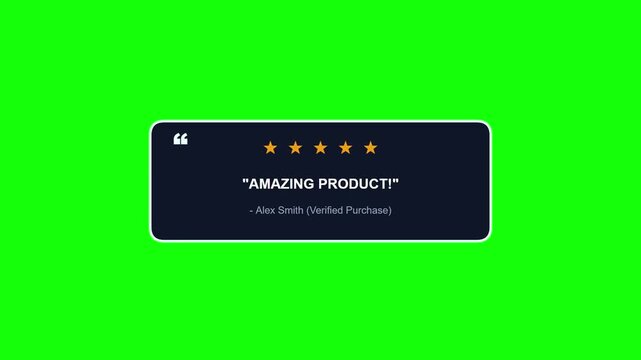 A customer review testimonial box with five star ratings against a solid green background with display a rectangular review isolated vibrant