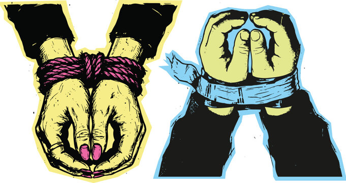 world day against trafficking in persons Hands tied together with rope representing bondage restraint imprisonment injustice oppression prisoner struggle limitation illustration violence