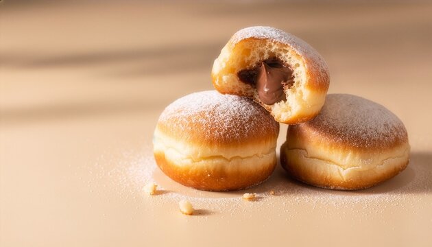 Three golden bomboloni donuts with powdered sugar on a beige background. One is bitten to show a rich chocolate filling. Perfect for warm, inviting bakery or sweet dessert menus.