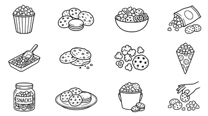 Hand-drawn snack icons: popcorn, cookies, and treats in various containers, black and white