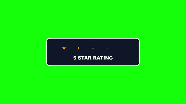 Five star rating graphical element animated progressively displaying gold stars against vibrant green screen background with graphical interface