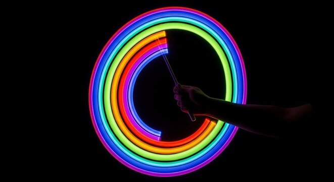 Hand holding a led light stick creating circular neon light trails at night
