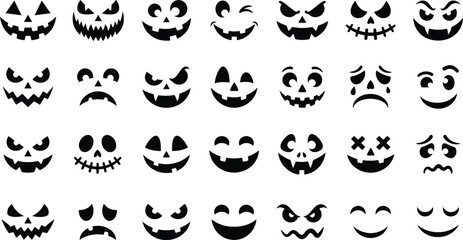 Halloween pumpkin carving faces set, 28 spooky jack-o-lantern expressions, black vector silhouettes for autumn holiday decor © Ali