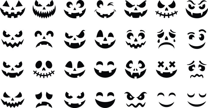 Halloween pumpkin carving faces set, 28 spooky jack-o-lantern expressions, black vector silhouettes for autumn holiday decor