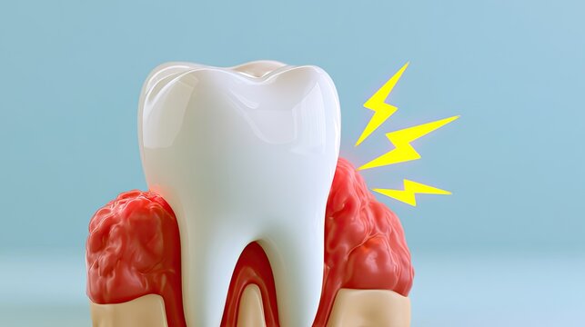 Illustration of a painful tooth with inflamed gums and lightning bolts symbolizing pain.