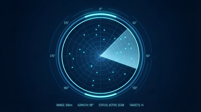 Digital radar interface displaying multiple targets on a circular screen with a scanning beam and data metrics on a dark blue background
