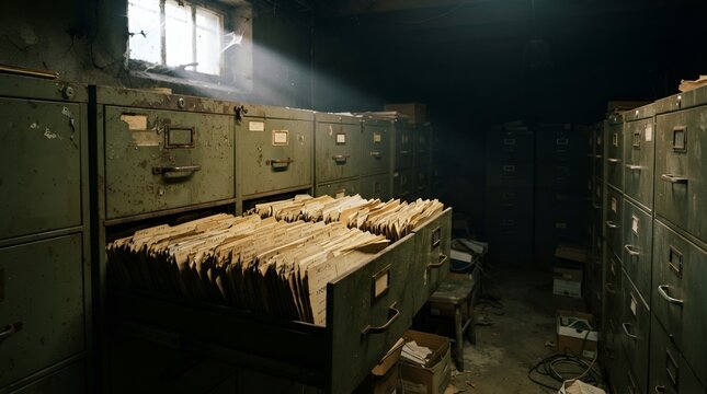 Dusty old metal filing cabinets in a dark basement with a single beam of light shining through a small window onto stacks of paper files