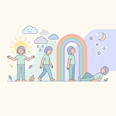 Fototapeta premium Conceptual illustration showing the journey of life transitions and personal emotional growth through changing weather and seasonal cycles