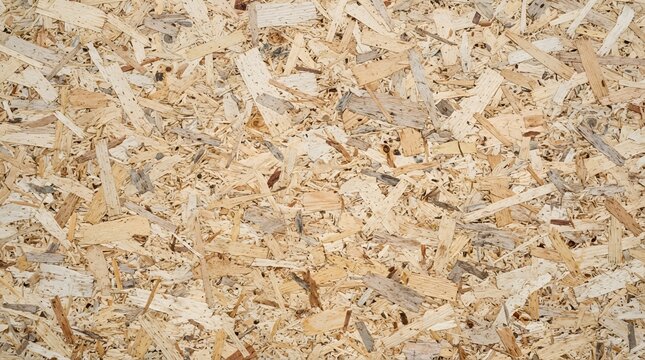 Close-up texture of oriented strand board, showing compressed wood chips, flakes, and splinters in light brown and beige natural tones