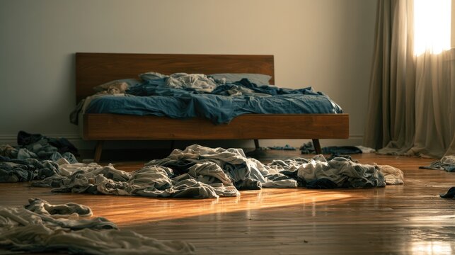 Messy Bedroom with Sunlight Streaming Through Window.