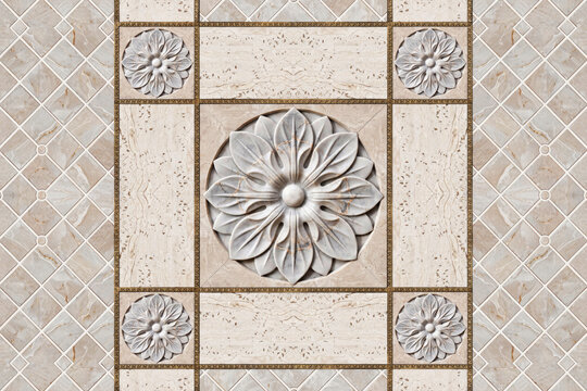Beige marble wall tiles featuring a central large carved floral rosette medallion surrounded by smaller square tiles with matching flower motifs