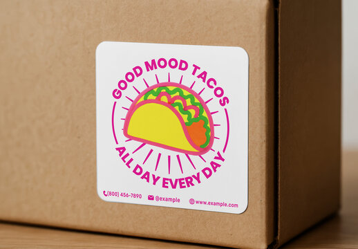 Vibrant Taco Delivery Box Sticker Mockup PSD