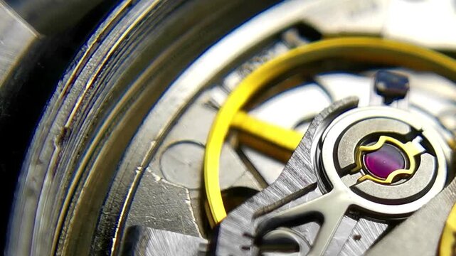 Macro video of mechanical watch movement in bright lighting, close up of balance wheel and raw metal textures, concept of industrial engineering, precise maintenance, and authentic mechanics.
