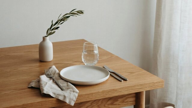 Minimalist wooden dining table setting with white plate cutlery linen napkin with napkin water glass displays minimalist
