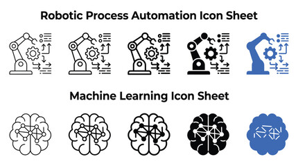 Fototapeta premium Professional vector graphic illustration featuring a collection of robotic process automation and machine learning icons presented in various line weight and solid styles for digital projects