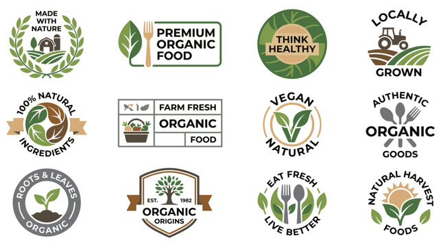Organic food labels badges logos natural farming ingredients health conscious produce stamps.