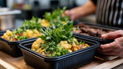 Obraz premium Hands preparing gourmet meal boxes filled with colorful vegetables and herbs on a wooden surface