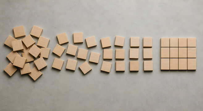 Scattered wooden tiles assemble into a precise grid