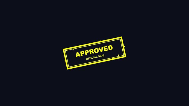 Yellow approved official seal rubber stamps rotating repeatedly against a plain dark background texture with three yellow rectangular video displays three