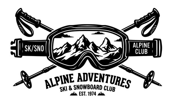 Ski goggles and crossed poles emblem vector design with alpine mountain landscape reflection in snowboard glasses lens