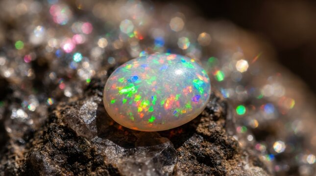 Luminous Rainbow Opal Jewel Sparkling Against a Rocky Background