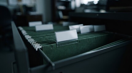 Fototapeta premium Open metal filing cabinet drawer filled with green hanging folders with blank white labels in a dimly lit office environment for storage