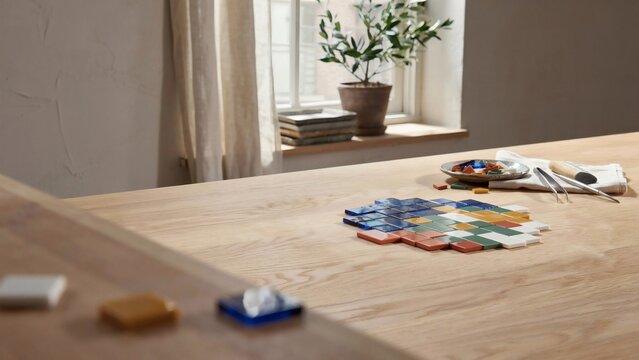 Mosaic tiles arranged on a light wooden table in a bright sunlit studio for creative arts and craft projects at home