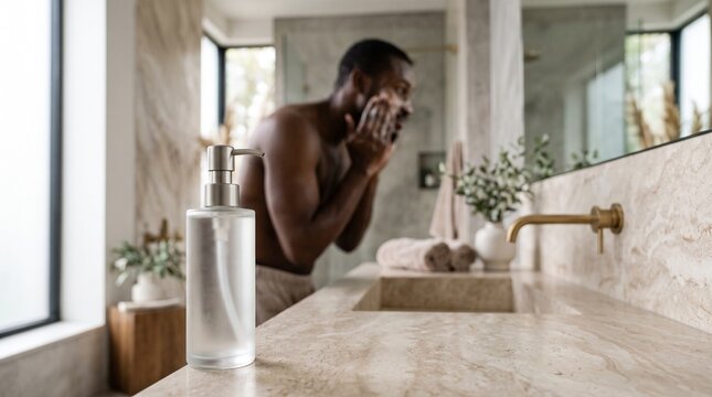 Frosted glass pump bottle with liquid soap on a marble bathroom countertop with a man washing his face in the blurred background