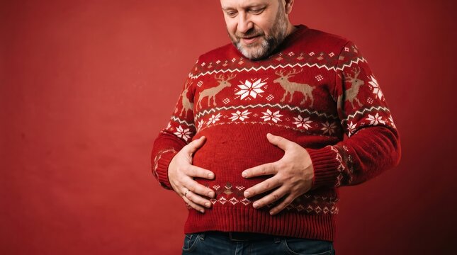 Man in festive red christmas sweater holding his belly