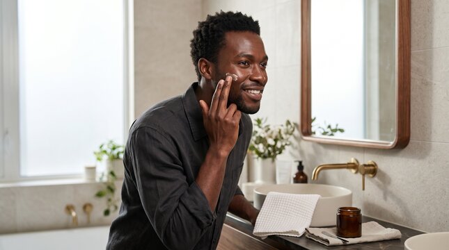 Smiling Black man applying face moisturizing cream in front of a mirror in a modern bathroom during his daily skincare routine