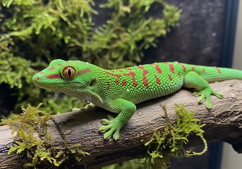 Fototapeta premium Verdant Vigil: Emerald Gecko, Mossy Perch, Amber Gaze
