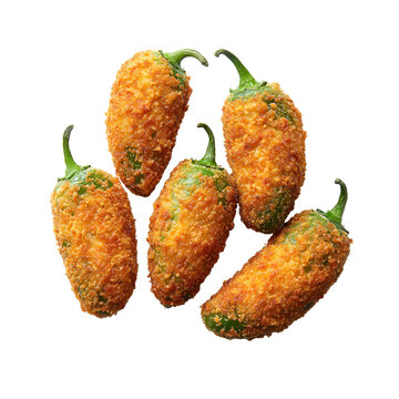 Five crispy breaded jalape&ntilde;o poppers with a crunchy golden coating, isolated on a white background, perfect as a spicy appetizer.