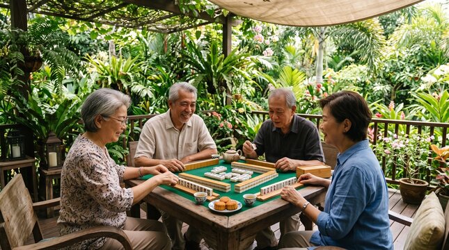 Group of happy Asian seniors playing Mahjong together on a lush outdoor patio surrounded by tropical greenery