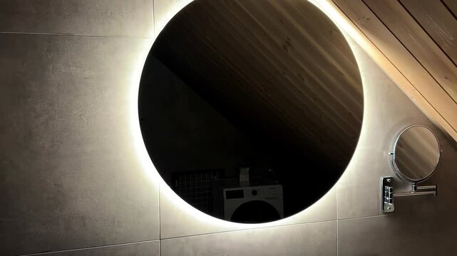 Camera slowly approaches round illuminated mirror beside small magnifying mirror in cozy attic bathroom