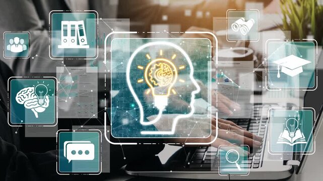 Digital interface showcasing innovative learning and knowledge management with focus on brain, education symbols, and technology integration in modern workspace. Sigmoid