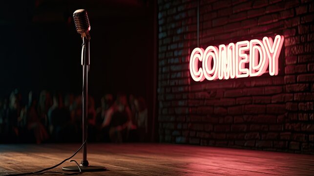 Comedy Club Stage with Neon Sign and Microphone.
