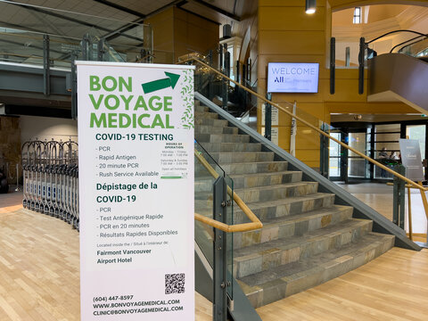 View of sign Rapid Antigen Testing by Bon Voyage at Vancouver International Airport(YVR)