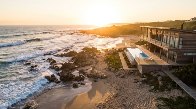 Luxury modern beach house with infinity pool at sunset