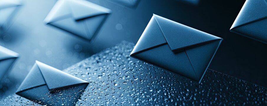 Abstract blue envelopes floating on a textured surface with water droplets.