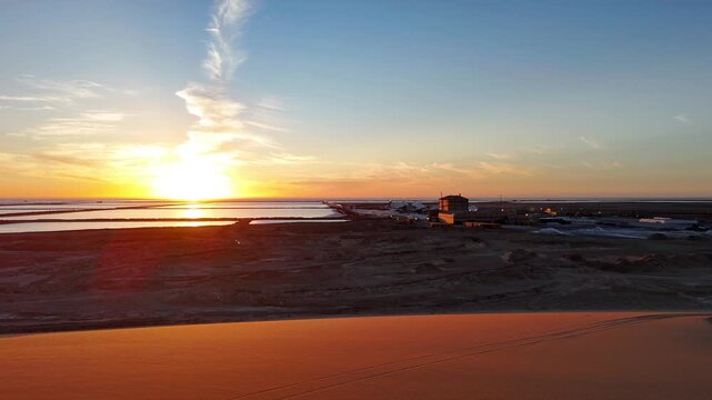 Striking sunset aerial of salt pans and factory in Walvis Bay, Namibia