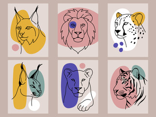 Minimalist Wild Cat Line Art Posters: Lion, Tiger, Cheetah, and Lynx for Modern Decor © wafie studiio